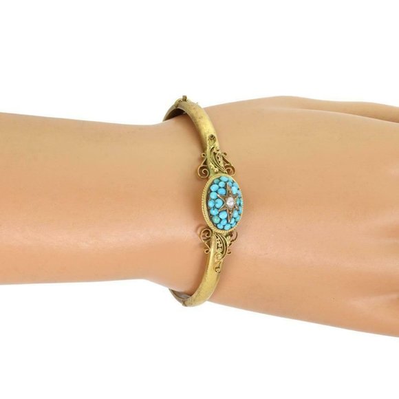Victorian Turquoise 14k-15k YGold Bangle Bracelet - Picture 2 of 4